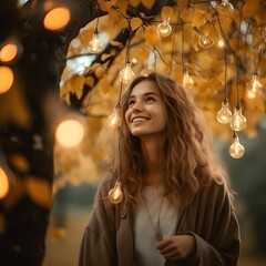 Young pretty happy woman with wet hair in warm comfortable clothes in a cozy park under warm autumn rain. Fictional person. AI generation.
