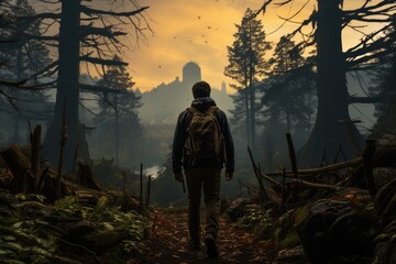 Pine-Scented Reverie: The Back View of a Nature Enthusiast Wandering through a Majestic Pine Forest's Tranquility Generative AI