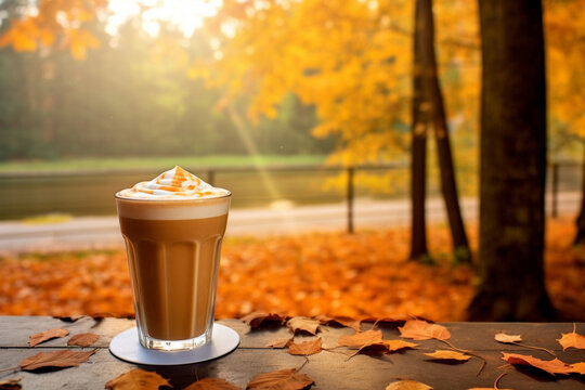 A cup of coffee with fall leaves and pumpkin on the table. AI