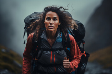 The athlete confidently traversing a narrow mountain trail with a backpack, carrying the essentials for her journey  - obrazy, fototapety, plakaty