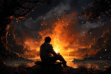 Fireside Reverie: The Enigmatic Silhouette of a Person Attending to a Campfire Beneath a Starlit Sky, Sparks Ablaze Generative AI