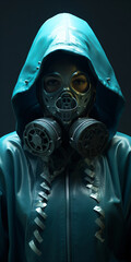 cyberpunk girl in leather hoodie with gas mask