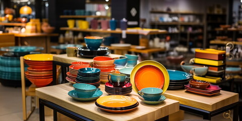 colored ceramic hand factory tableware on the counter in the store
