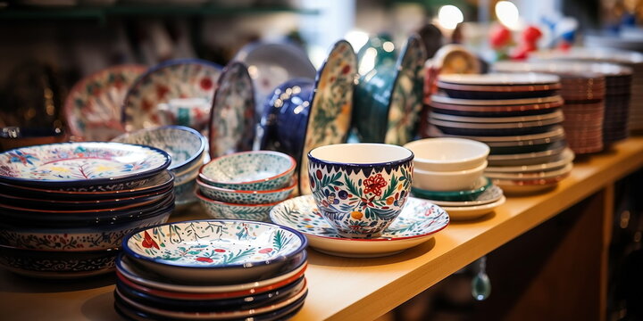 colored ceramic hand factory tableware on the counter in the store