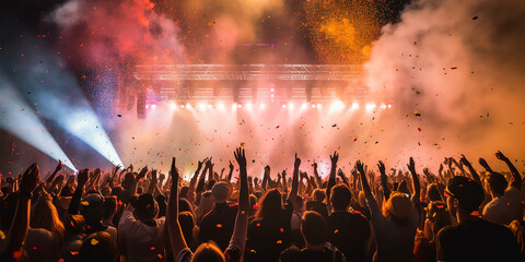 High-energy live event photography, Sold out crowd of people cheering at a concert during an outdoor music festival