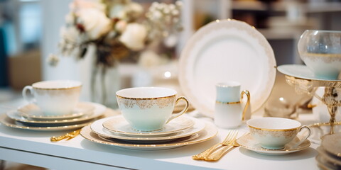 porcelain ceramic  pastel  colors with gold white cream blue hand-made colored ceramic tableware on the counter in the store