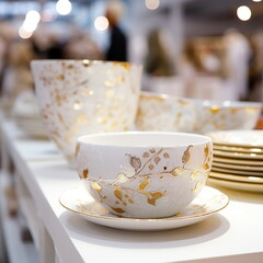  porcelain ceramic  pastel  colors with gold white cream blue hand-made colored ceramic tableware on the counter in the store