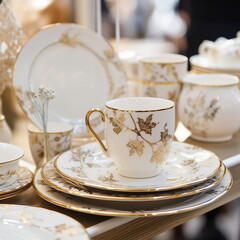 Fototapeta premium porcelain ceramic pastel colors with gold white cream blue hand-made colored ceramic tableware on the counter in the store