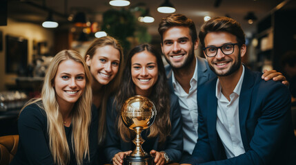 Business team with shiny golden trophy. Successful teamwork concept. Generative AI