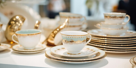  porcelain ceramic  pastel  colors with gold white cream blue hand-made colored ceramic tableware on the counter in the store