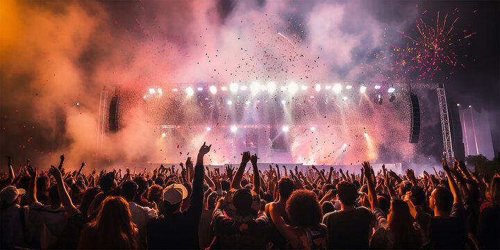 High-energy live event photography, Sold out crowd of people cheering at a concert during an outdoor music festival
