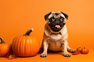 A pug dog sitting next to pumpkins on an orange background - obrazy, fototapety, plakaty