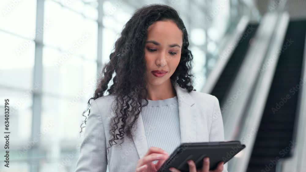 Poster thinking, tablet and business woman in office for internet, research and online planning in terminal