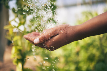 Farming, washing hands and water drop in closeup, outdoor and growth with hygiene at agro job....