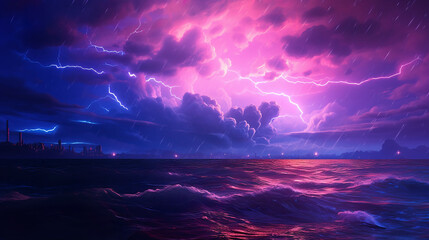 Landscape of sunset on the sea. Storm, rain and lightning. Generated AI - 634033336