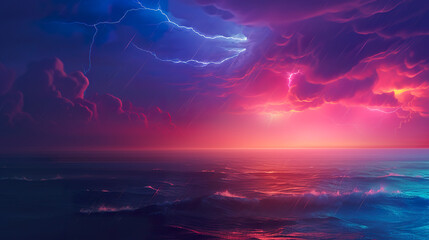 Obraz premium Landscape of sunset on the sea. Storm, rain and lightning. Generated AI