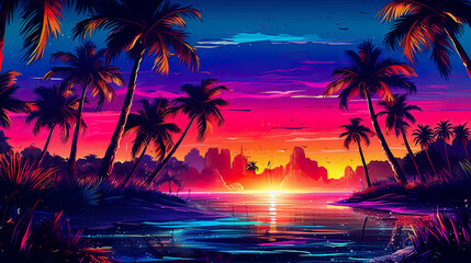 Summer seascape, sunset at sea, neon glow, AI generated