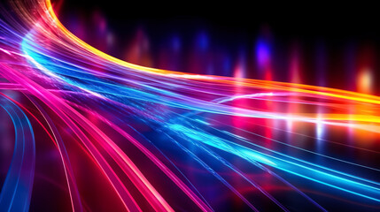 Futuristic abstract background, colorful neon lines, waves, neon glow on a dark background, AI generated..sea, palm trees, neon