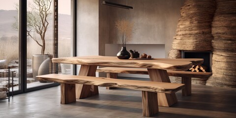 Fototapeta na wymiar Living room kitchen interior using high-quality wooden materials