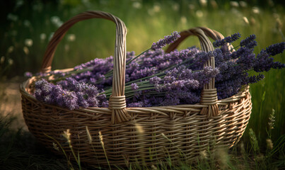 Fototapeta na wymiar Natural landscape, lavender in a basket in a field.