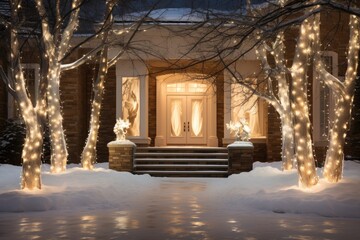 the enchanting beauty of a snow-covered garden adorned with glimmering holiday decorations, such as sparkling snowflake ornaments, and fairy lights wrapped around trees