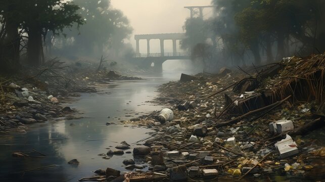 The river is polluted by discarded waste, global pollution. Created using Generative AI technology.