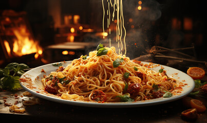 A plate of spaghetti on an abstract background.