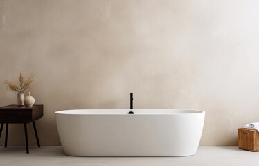 Modern bathroom interior with white tub and black table. Empty neutral wall for mockup. Promotion background.