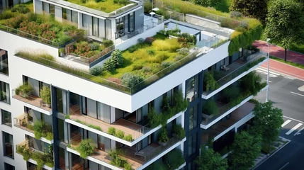Foto op Plexiglas Modern residential district with green roof and balcony generative ai © fitriyatul