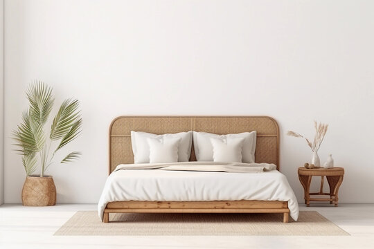 Modern boho bedrroom with white empty wall. Contemporary interior design with plants, bed and pillows.