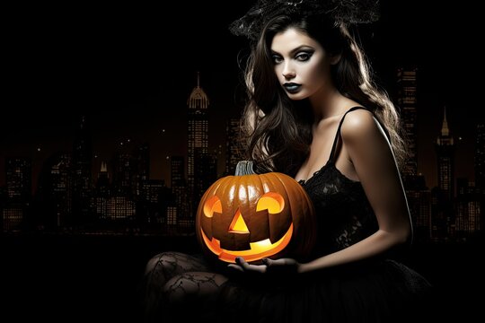 A woman holding a pumpkin in a black dress