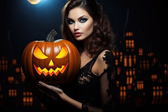 A woman holding a carved pumpkin under the glowing moonlight