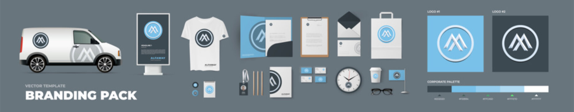 Stationery template with letter M logo in circle and light blue background