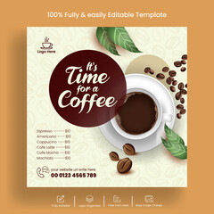 Coffee shop drink menu social media post promotion banner ads and food restaurant square flyer or poster design template