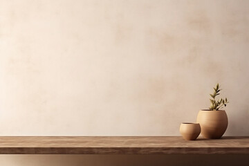 Boho beige copy space background. Monochrome minimalist empty table with vase. Wall scene mockup...