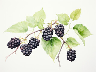 A Minimal Watercolor Painting of Blackberries Growing on a Farm