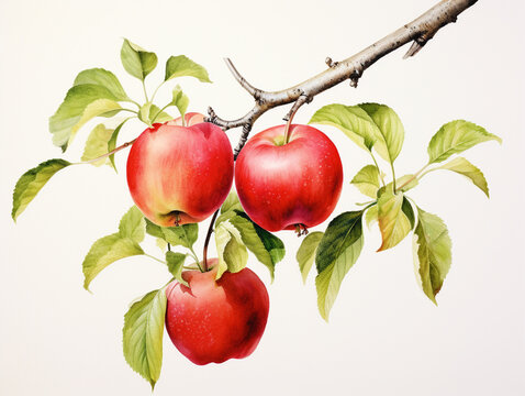A Minimal Watercolor Painting of Apples Growing on a Farm