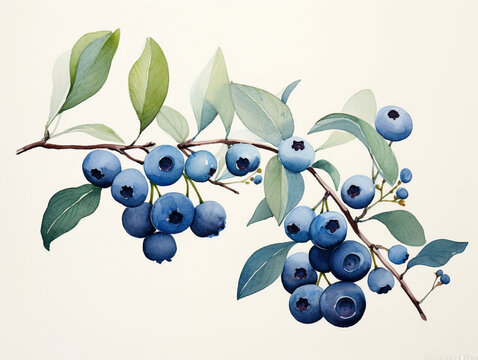 A Minimal Watercolor Painting of Blueberries Growing on a Farm