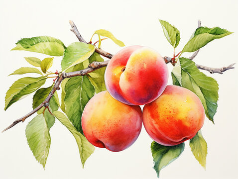 A Minimal Watercolor Painting of Nectarines Growing on a Farm