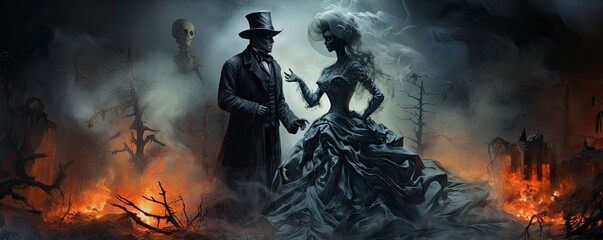 Happy Halloween banner post event party invitation background with dead skull couple skeleton.