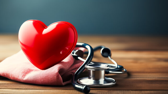 stethoscope and red heart at the desk, health, and medical care concept