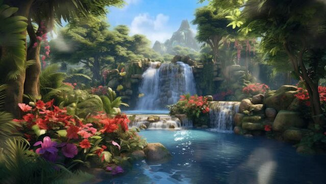 beautiful nature landscape waterfall in the jungle with butterfly. seamless looping time-lapse virtual 4k video animation background.