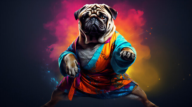 Kung fu Dog. Colorful. Empty Copy space on the side. Generative AI.