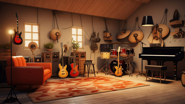 Music room with instruments. Created using Generative AI technology.
