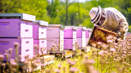 Local beekeeper tending to beehives nestled in wildflower field. Banner. Generative Ai content. - obrazy, fototapety, plakaty