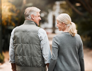 Relax, love and holding hands with old couple in nature for bonding, happy or peace. Smile,...
