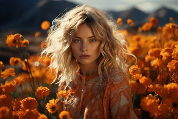 Blonde Beauty in Orange Sweater: Confident Stance. Stylish and Vibrant Attire. Radiating Elegance and Fashion Flair. Striking Presence in Orange Hue. Generative Ai