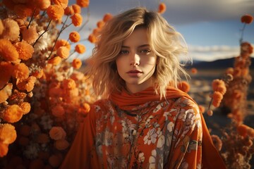 Blonde Beauty in Orange Sweater: Confident Stance. Stylish and Vibrant Attire. Radiating Elegance and Fashion Flair. Striking Presence in Orange Hue. Generative Ai