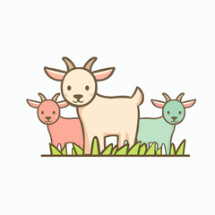 Cute goat animals grazing on a farm meadow icon. Isolated vector illustration.