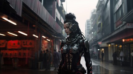 Fototapeta na wymiar Cyberpunk futuristic android robot cyborg woman in armored suit. Generative AI illustration.